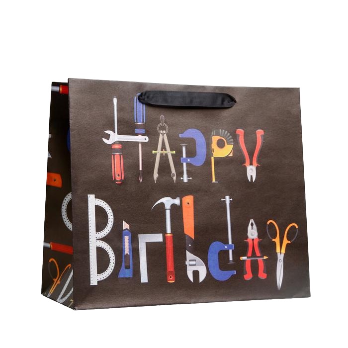 картинка Пакет крафтовый горизонтальный Happy birthday 27 × 23 × 11.5 см от официального интернет-магазина Каарал